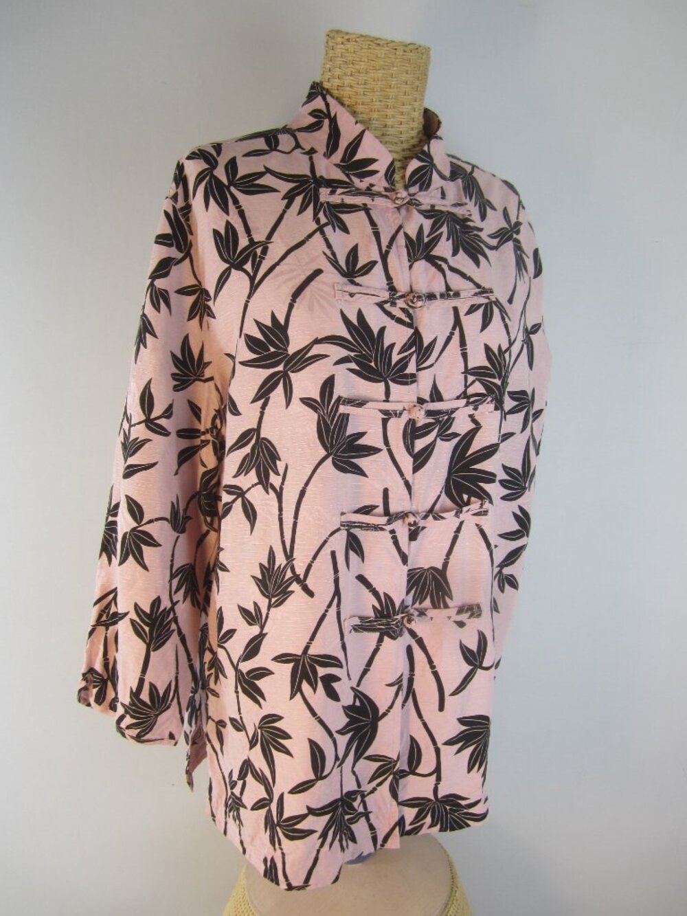 Vtg Carole Little Women XL Pink Black Floral 100% Silk Kimono LS Shirt Top Tunic